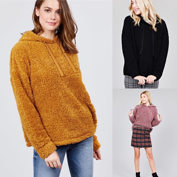 Active USA Tops - S-2X Faux Fur Drawstring Hoodie Mustard Color